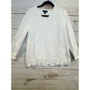 Karen Scott Womens White Cotton Cable Knit Patchwork V Neck Sweater XL